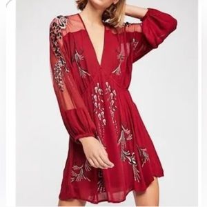 Free People Red Bonjour Embroidered Mini Dress Size Medium NWT